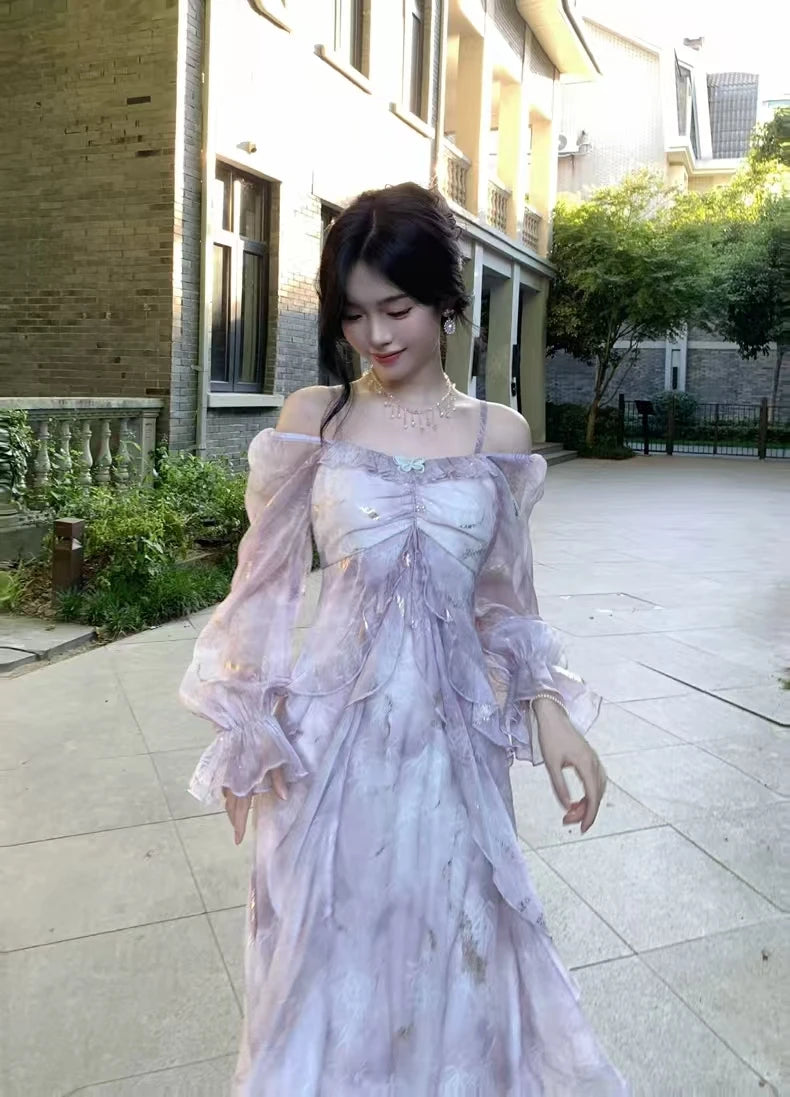 Summer Elegant Print Fairy Long Chiffon Dresses Women Off Shoulder Ruffles A-Line Birthday Party Dress One Piece Vestidos New