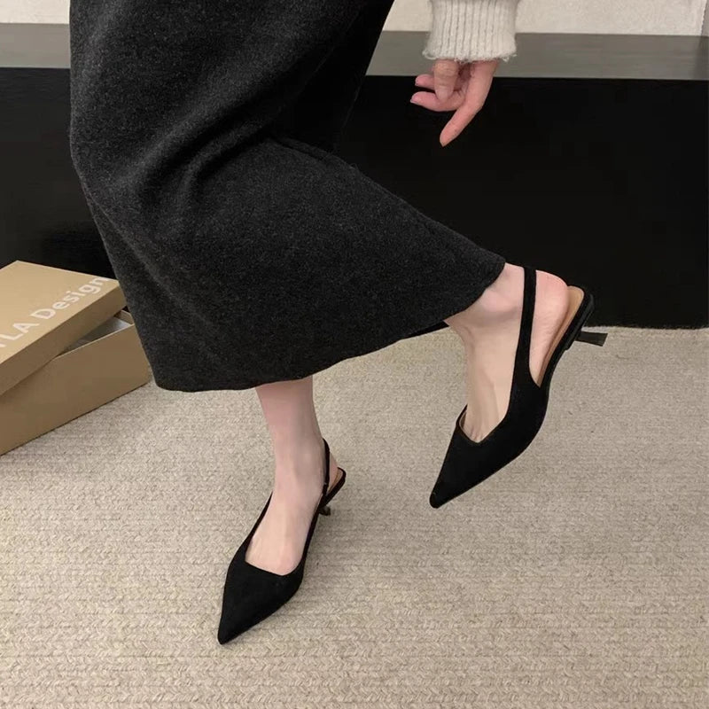 SUOJIALUN 2024 Spring New Women Sandal Fashion Pointed Toe Shallow Slip On Dress Mules Shoes Thin Low Heel Slingback Sandal