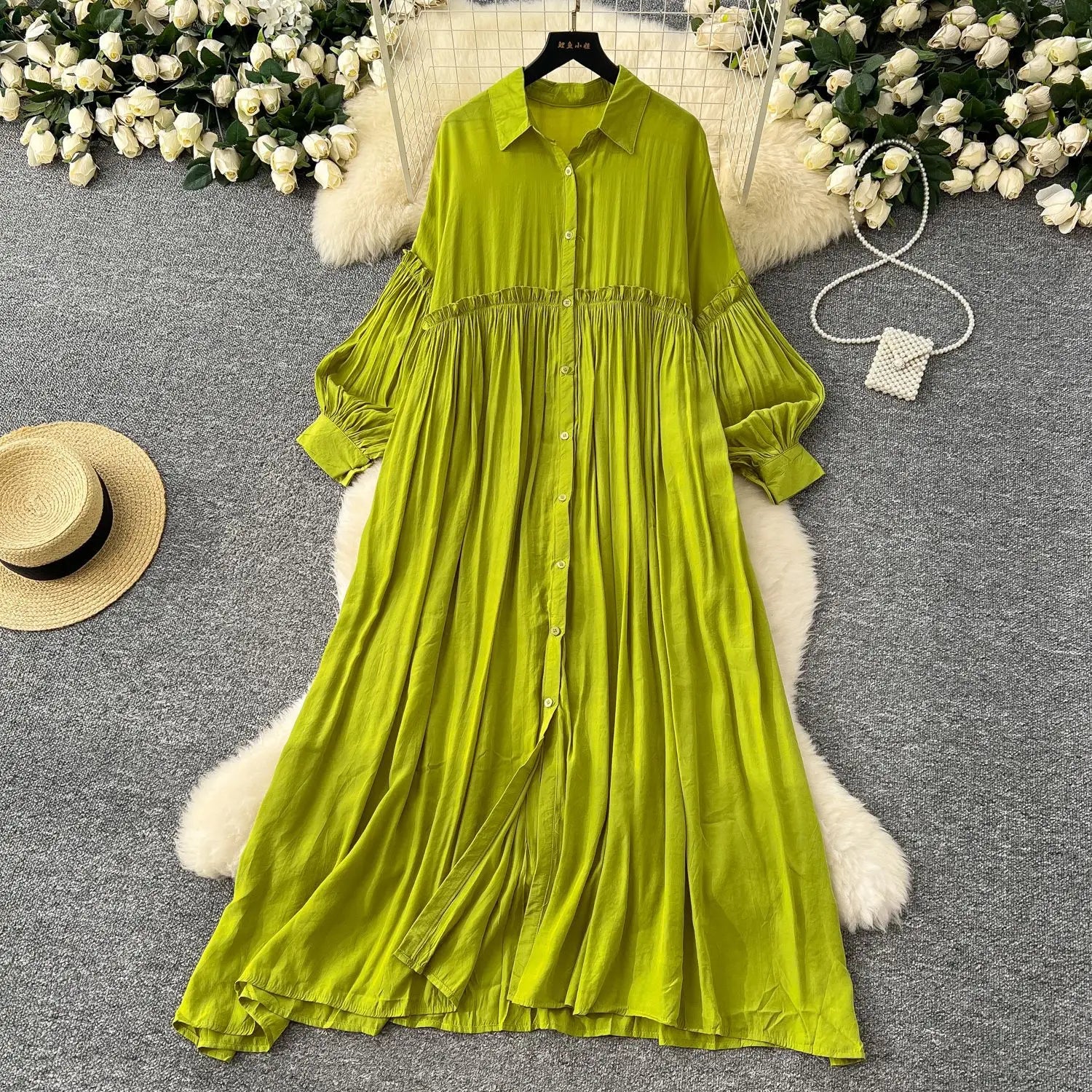 Pleated Dress Women Long Dresses A Line Vestidos Streetwear Lantern Sleeve Elegant Splice Y2k Single Breasted Loose Summer 2025