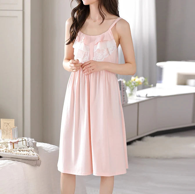 Cotton Sleepshirt Lady Sexy Chemise Sleepwear Lace Flower Patchwork Nightdress Home Dressing Gown Summer New Lingerie Nightwear