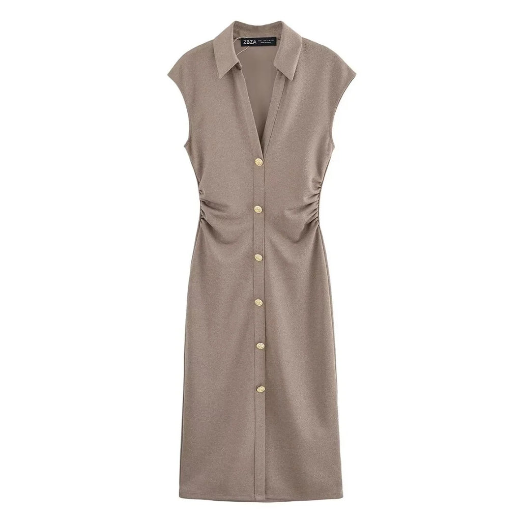 BSAY Dress for Women Fashion Summer New Fold Sleeveless V-neck Single Breasted Midi Dresses French Chic Female Evening Clothing