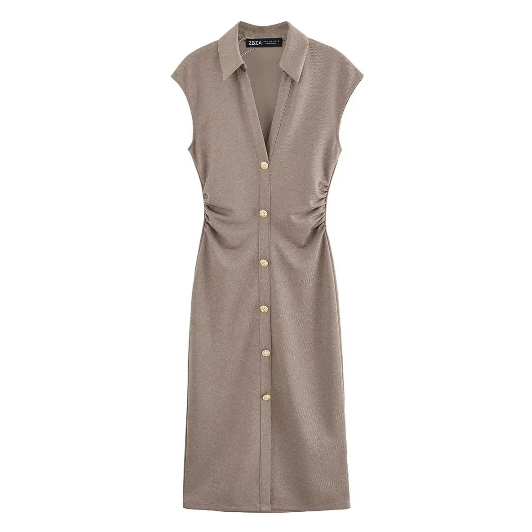 BSAY Dress for Women Fashion Summer New Fold Sleeveless V-neck Single Breasted Midi Dresses French Chic Female Evening Clothing