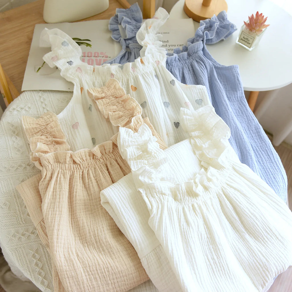 2026 new women's summer cotton yarn, pure cotton suspender sleepwear loose medium to long sweet and cute long skirt home wear