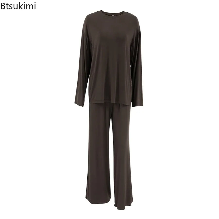 New 2026 Brown Loose Female Sleepwear Suit O-Neck Nightgowns Long Sleeve Nightwear Wide Leg Pants Women's Pajamas 2 Piece Set