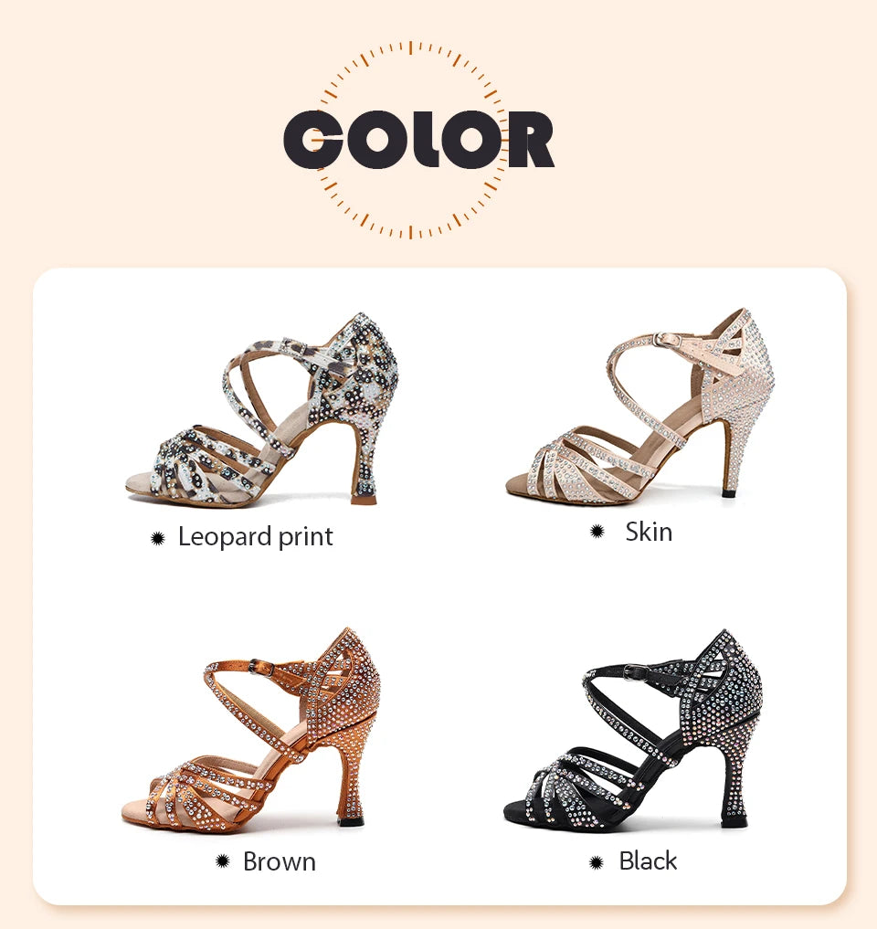HROYL Ballroom Latin Dance Shoes Ladies Girls New Silk Satin Shiny Rhinestone Cuban High Heels Party Salsa Dance Shoes Women