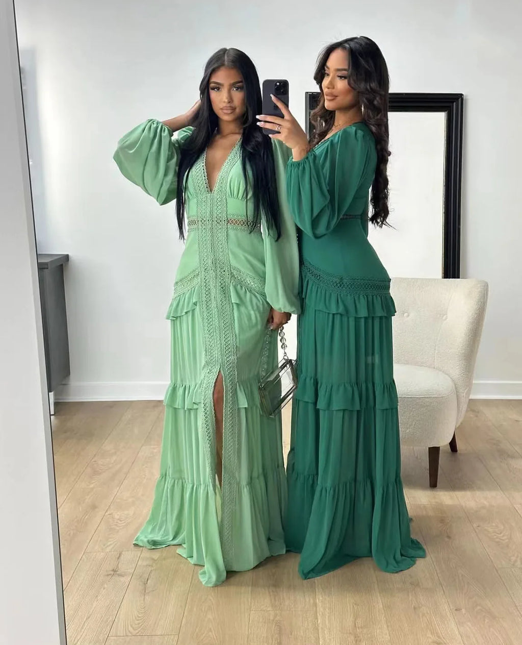 Elegant Womens Maxi Dress Ruffles Long Sleeve Hollow Out Evening Dresses Party Chic Robe Green Blue Purple New In Holiday Summer