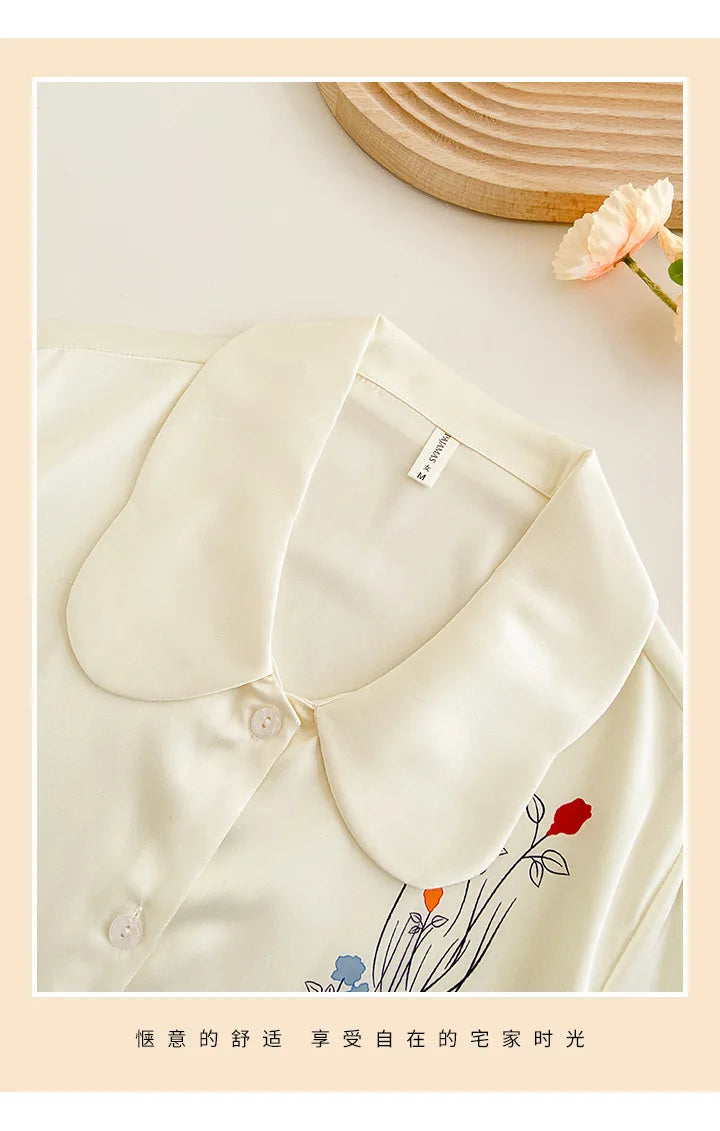 Female 2PCS Pajamas Set Spring Summer Print Flower Sleepwear Long Sleeve Trouser Suits Sweet Loose Satin Home Clothes Loungewear