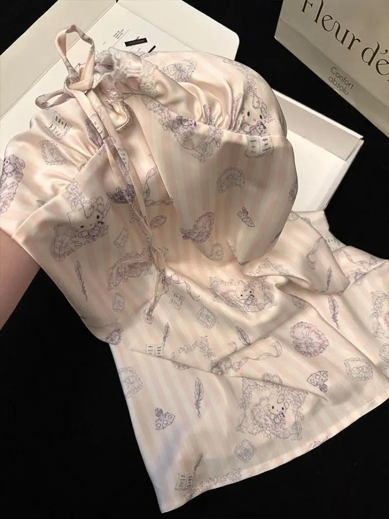 Sanrios Suspenders Nightgown Hello Kittys Ice Silk Pajamas Loose Clothes Simple Trendy Thin Printed Skirt Creative Hot Selling
