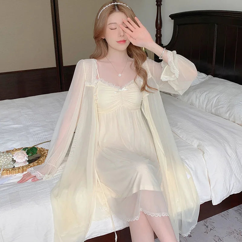 Spring Nightdress Women  Lace Sweet Nightgown Home Dress Pajamas Summer Girl Princess Style Soft Sleepwear Nightwear Outwear