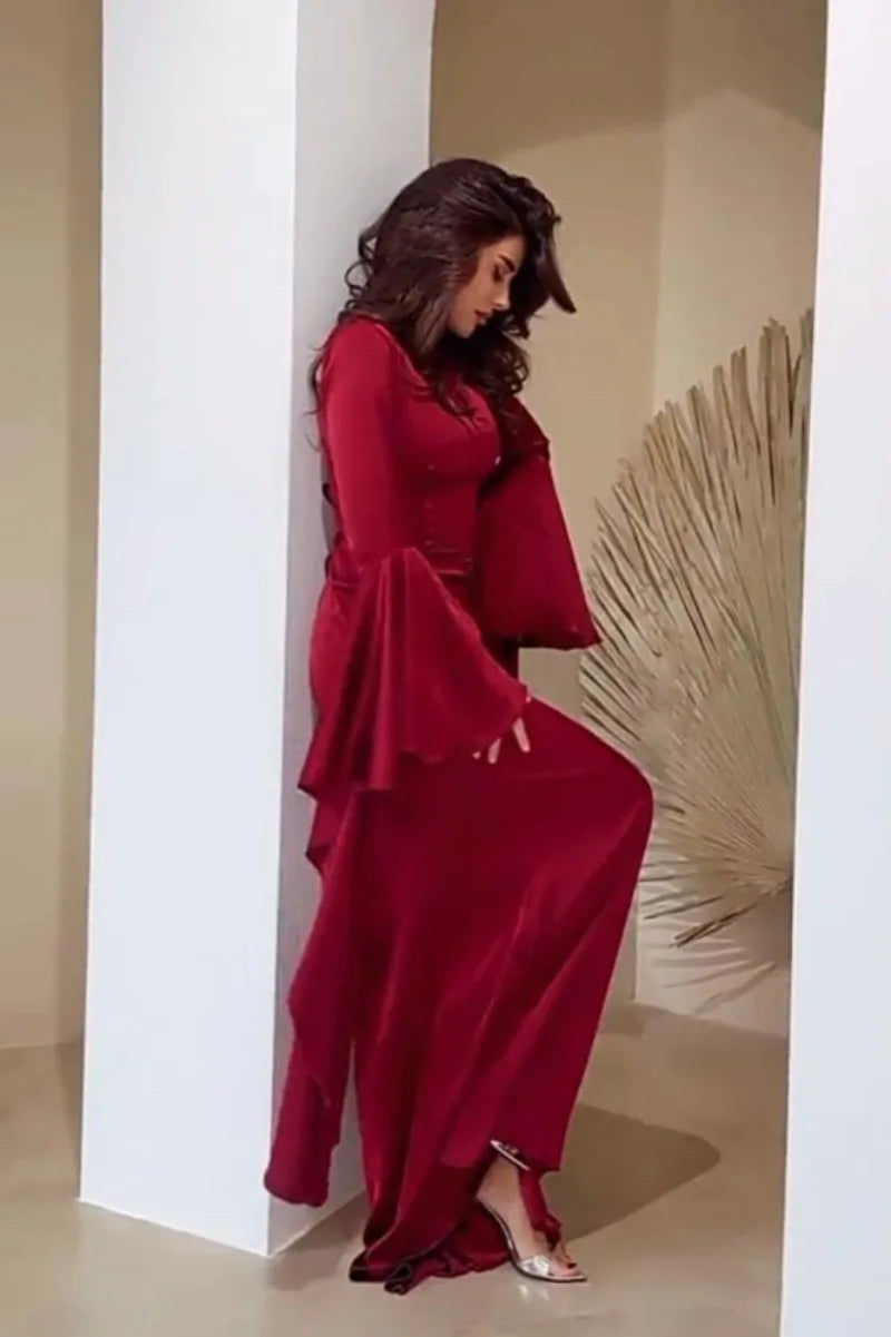 Women Cocktail Party Dress Big Swing Middle Eastern Long Floating Sleeves Slim Empire Lady Banquet Solid Maxi Clothing