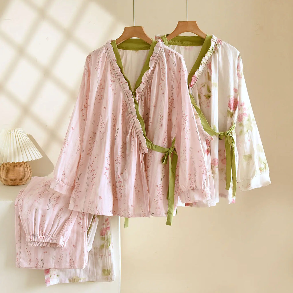 Autumn Sleepwear Home Suit Pure Cotton Pajamas Floral Long Sleeve Pyjama Set Woman Nightwear House Suit Ladies Trouser Sets