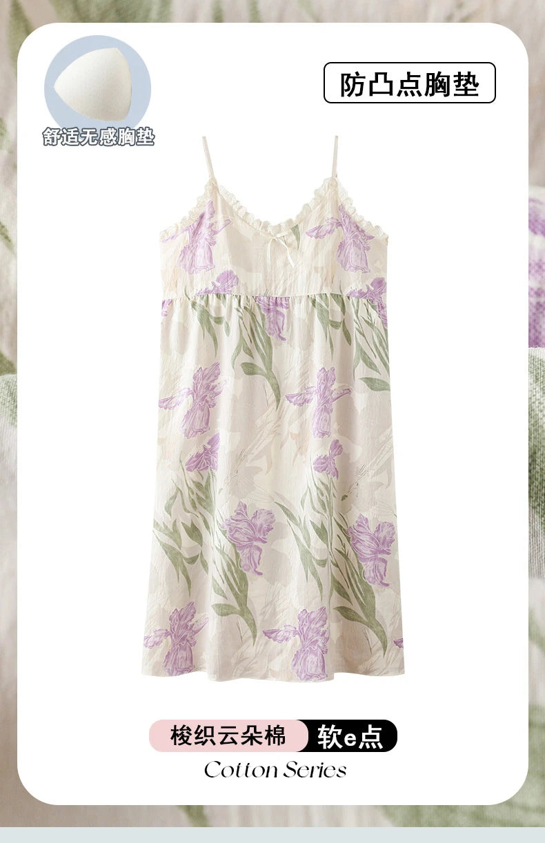 Summer Women Sleeveless Nightdress With Chest Pad Femme Knited Cotton Nightwear Floral Sling Sleepdress