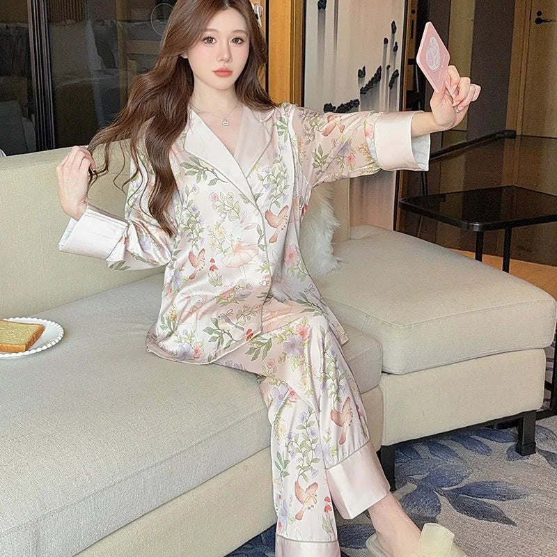 Print Flower 2PCS Top&pants Pajamas Lady Sweet Cute Home Clothes Spring Summer New Pijama Mujer Sexy Loose Sleepwear Women Pjs