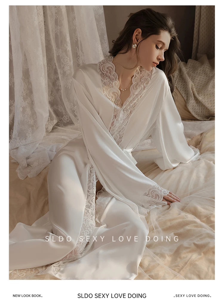 Wedding Bridal Bathrobe Big Lace Flower Nightie Wear Women Satin Kimono Long Loose Peignior Spring Autumn New Intimate Lingerie