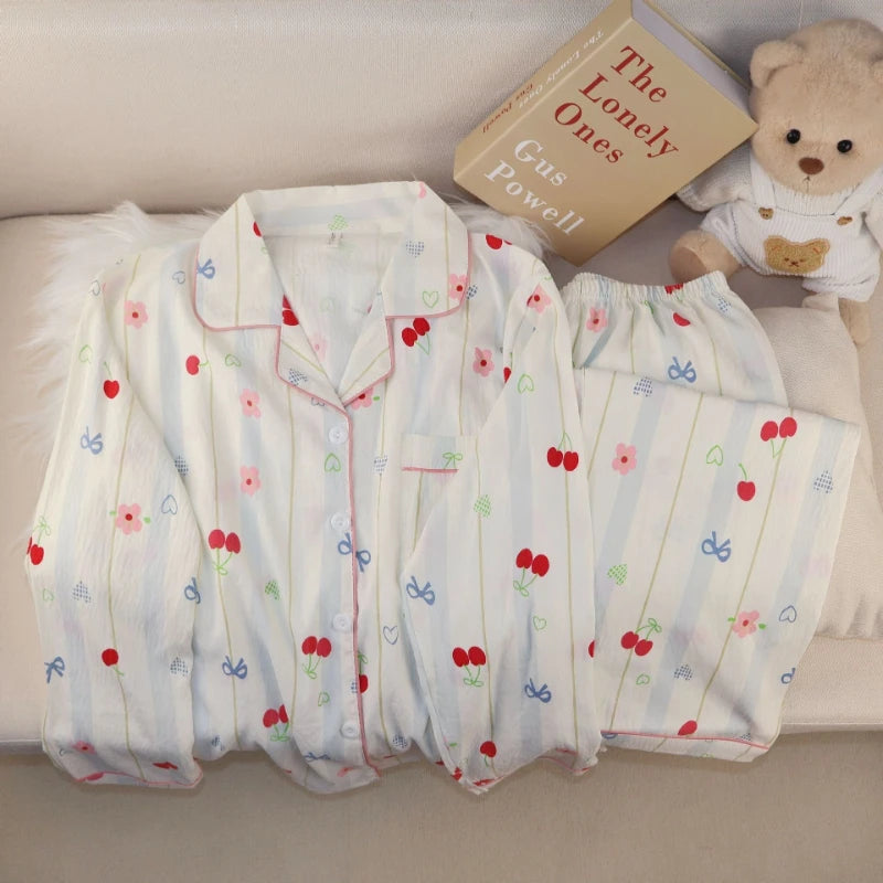 New Pajamas with Cherry Print for Girls Sweet Collared Cardigan Two-Piece Home Outfit Women's Sleepwear Homewear Student