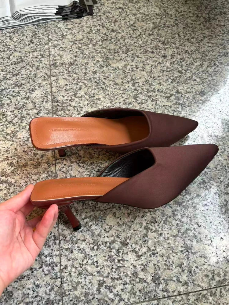 Spring Summer Women Pointed Toe High Heel Slippers Fashion Leopard Print Mules Slide Ladies Evening Party Dress Sandalias