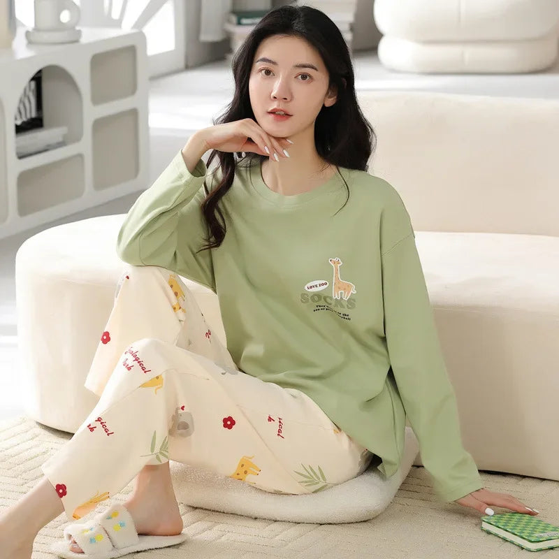 2PCS/Set Ladies Four Seasons Pajamas Long Sleeves Cartoon Casual Student Homewear Girl Giraffe Cute Print Women Sleepwear