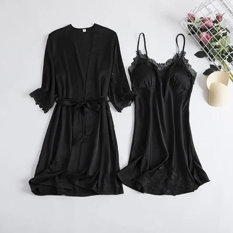 2PCS Pajamas Set White Women V-Neck Sleepwear M-XL Lace Kimono Sexy Nightshirts Flower Nightwear Robe Gown Sleep Suit Nightgown