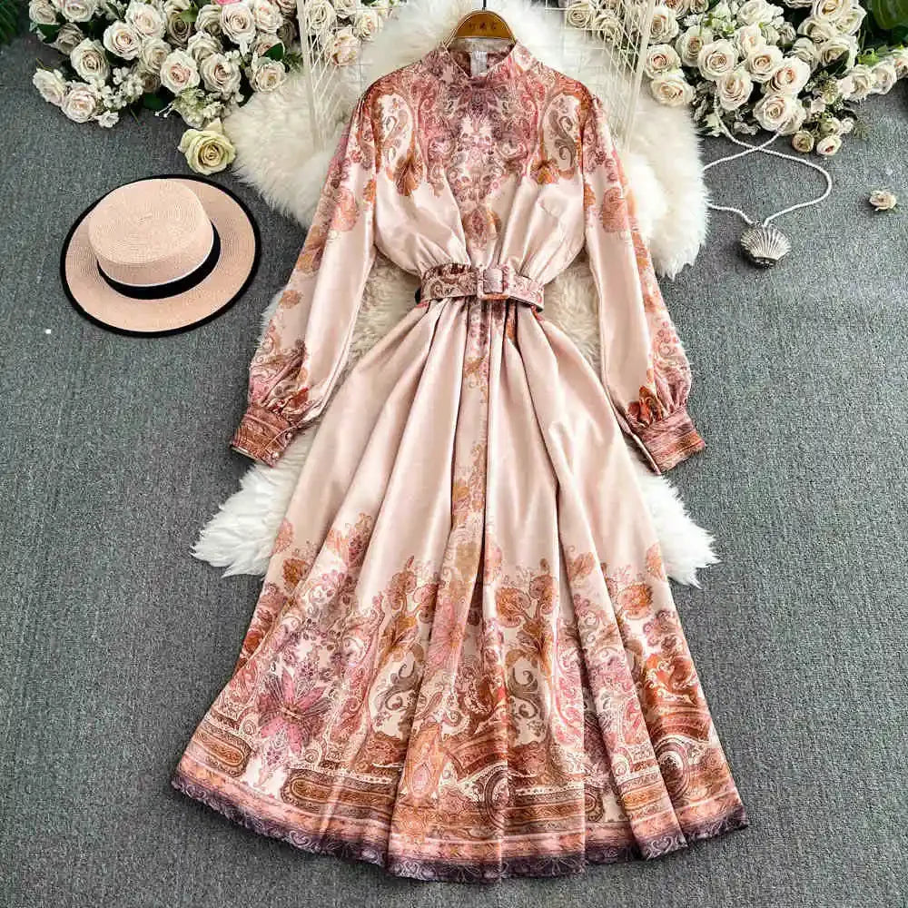 Spring Autumn Retro Palace Style Dress New French Printed Lantern Sleeve Stand Collar A-line Long Dress Femade C110