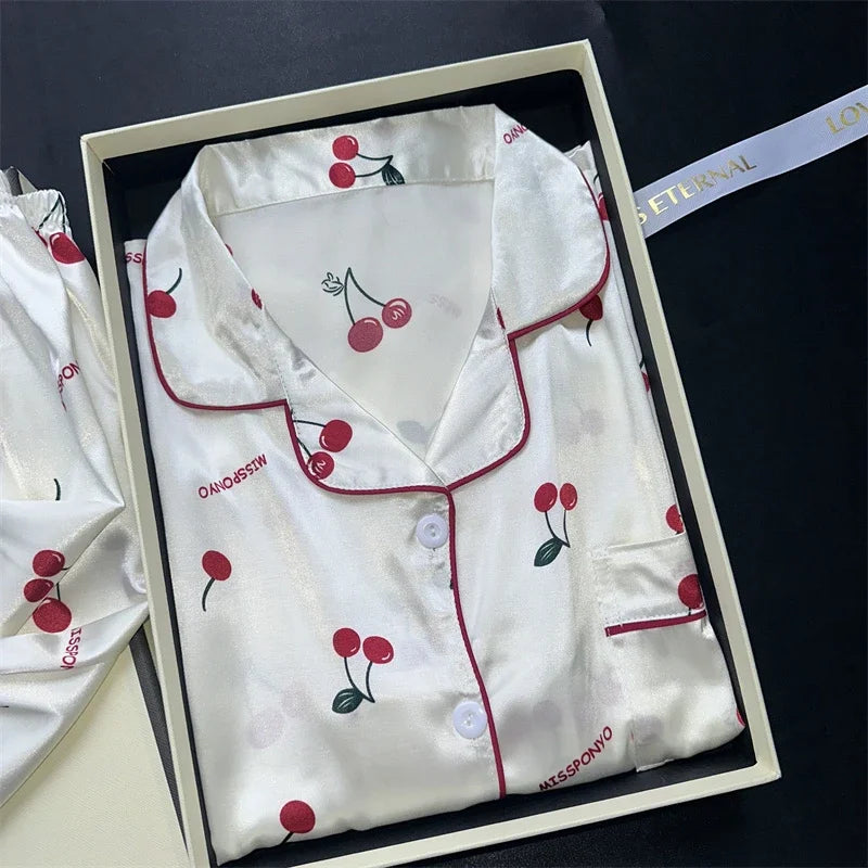 Sexy Women Satin Nightwear Plus Size Short Sleeve Cherry Print Sweet Rayon Sleepwear Top and Pants Shorts Girl Student Pajamas