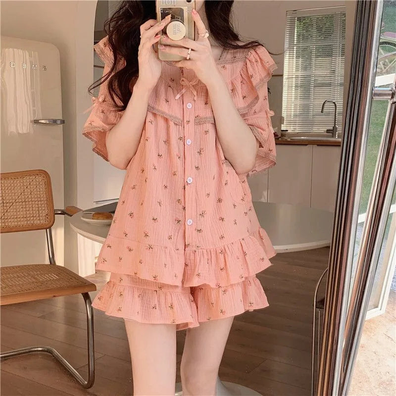 INS style women's summer new sweet floral high-quality short-sleeve shorts with bowtie girl homewear