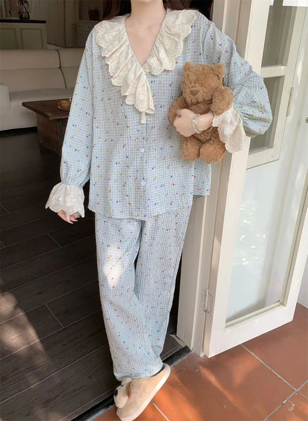 Korean Style Sweet Style Floral Pajamas for Women New Long Sleeve Long Pants Lace Trim Homewear Set Autumn Winter Loungewear Hot