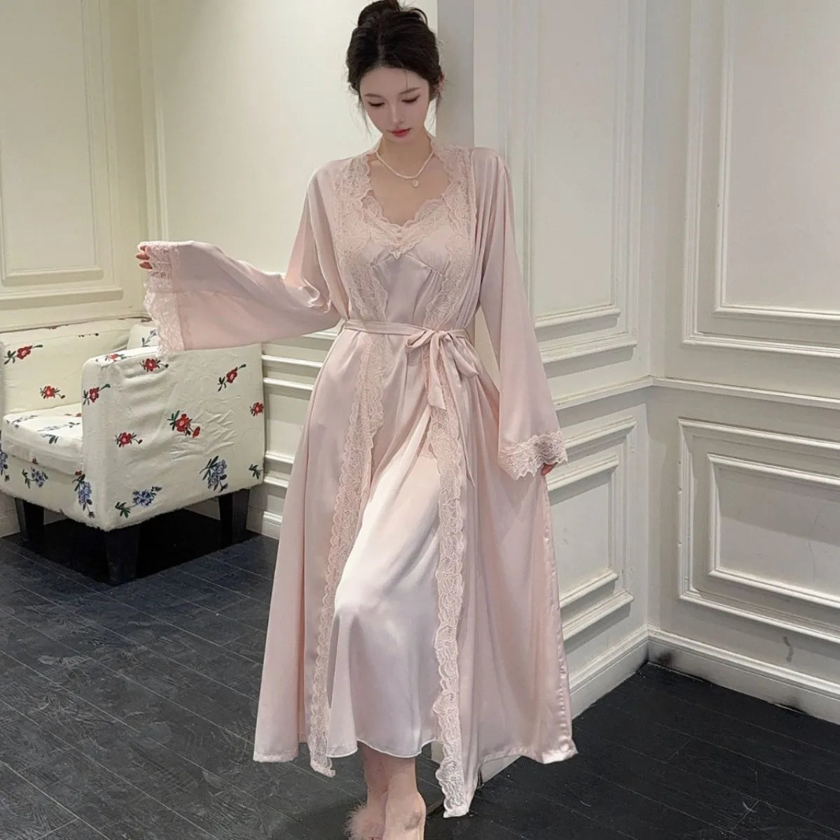 2025New Long Sweet Blue Robe Set Women Elegant Bathrobe Rayon Kimono Sexy Lace Floral Home Dressing Gown Princess Loungewear