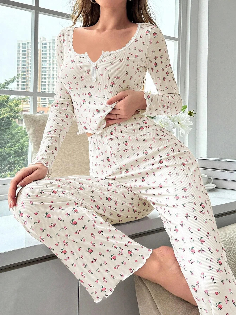 Women Sexy Floral Print Pajama Sets Soft Comfortable Long Sleeve Top and Pants Loungewear Sleepwear Two Piece Set Homewears