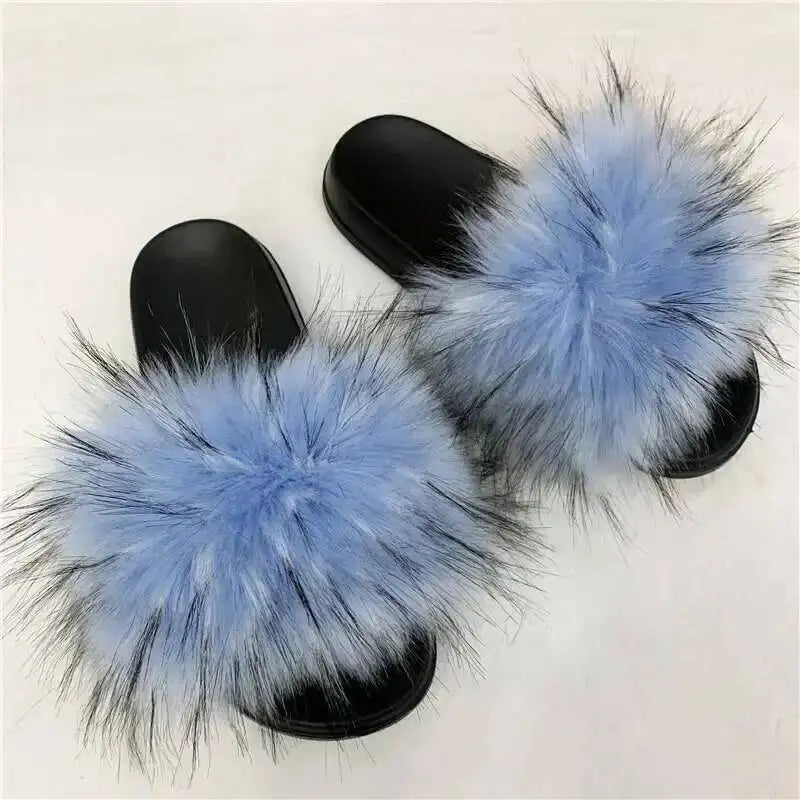 Ladies Fluffy Slippers Summer Women Faux Fur Soft Slides Stylish Open Toe Sandals Outdoor Indoor Furry Comfortable Beach Shoes