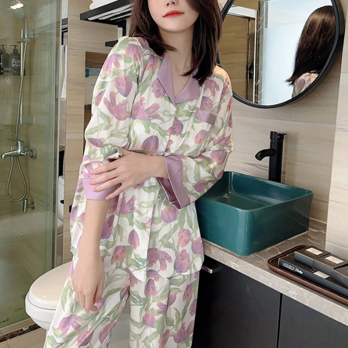 2024 New Ice Silk 2 Pieces Pajamas for Women Autumn Spring Women's Pajamas Set Elegant Ptinting Flower Home Wear Soft Sleepwear