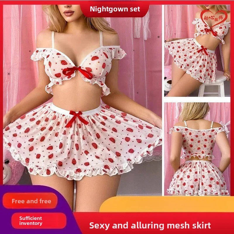 Short Skirt Set Casual and Comfortable Night Dress Women Hot-selling Strawberry Printing Splicing Lace Lace Cute Pajamas