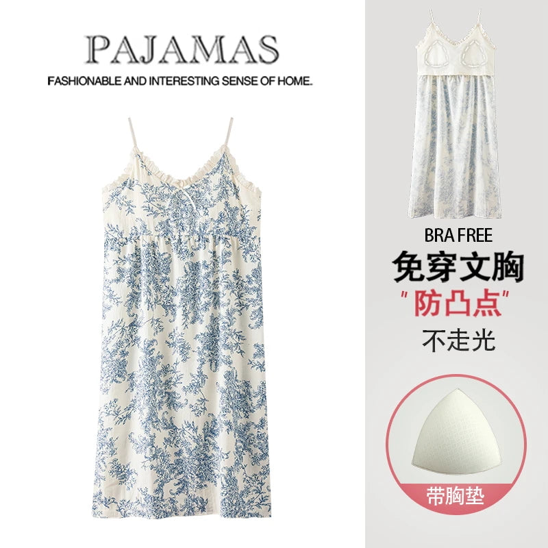 Summer Women Sleeveless Nightdress With Chest Pad Femme Knited Cotton Nightwear Floral Sling Sleepdress