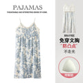 Summer Women Sleeveless Nightdress With Chest Pad Femme Knited Cotton Nightwear Floral Sling Sleepdress