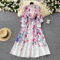 Runway 2025 Spring Summer Floral Print Long Shirt Dress Women's Turtleneck Lantern Sleeve Print Belt Casual Holiday Dress Female