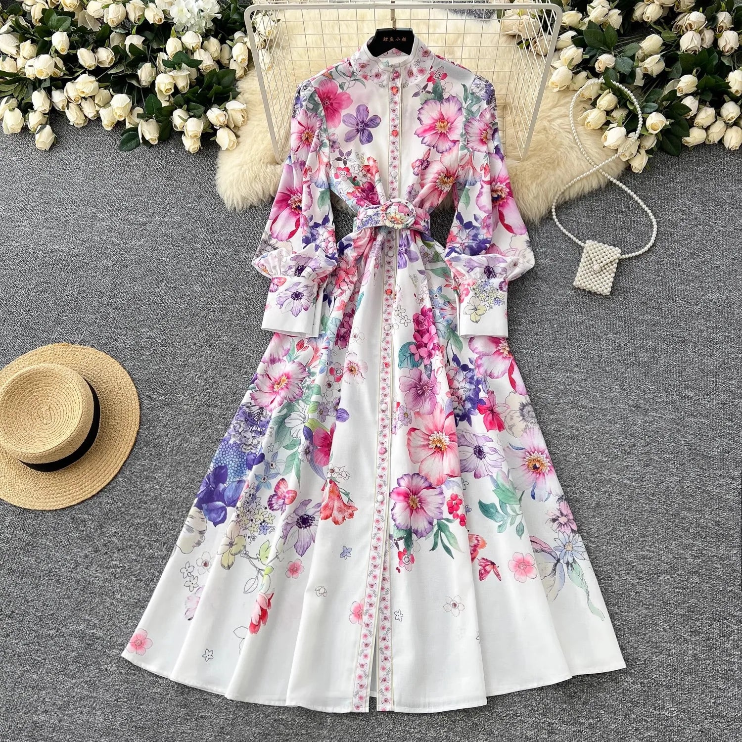 Runway 2025 Spring Summer Floral Print Long Shirt Dress Women's Turtleneck Lantern Sleeve Print Belt Casual Holiday Dress Female