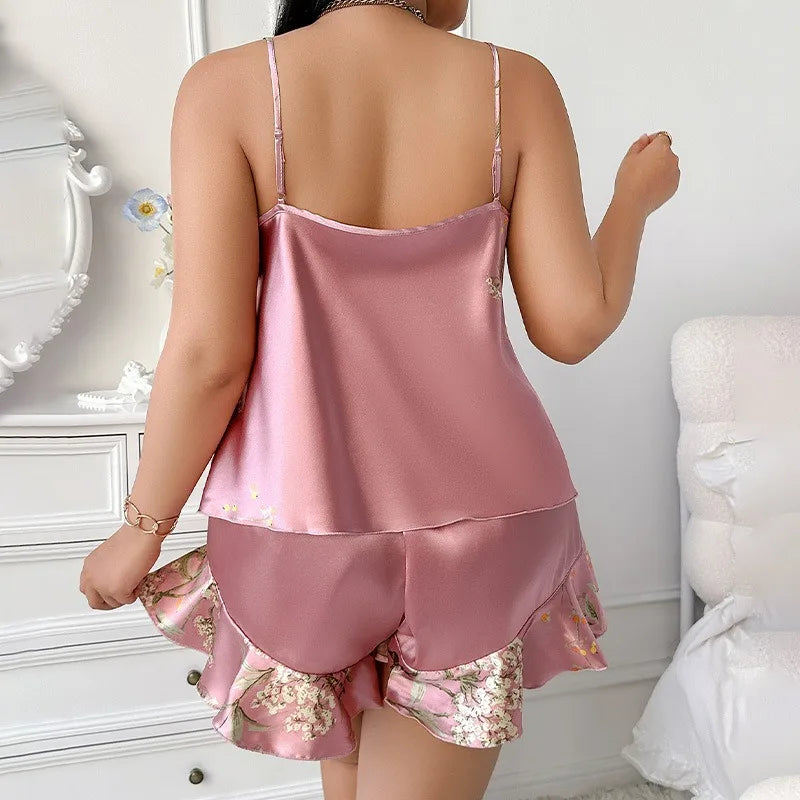 Plus Size Floral Satin Pajama Set Euro Style Two Piece Sleepwear Cooling Silk Like Loungewear for Women Breathable Homewear