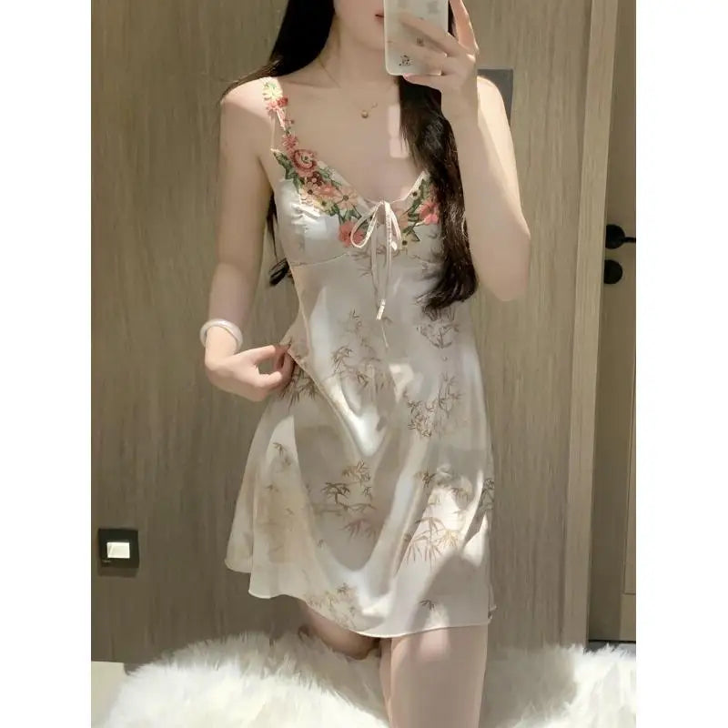 Women's Pajamas Comfortable Nightgown Strapless Nightgown Ice Silk Bra For Women Summer Chinese Floral Embroidery 2025 New