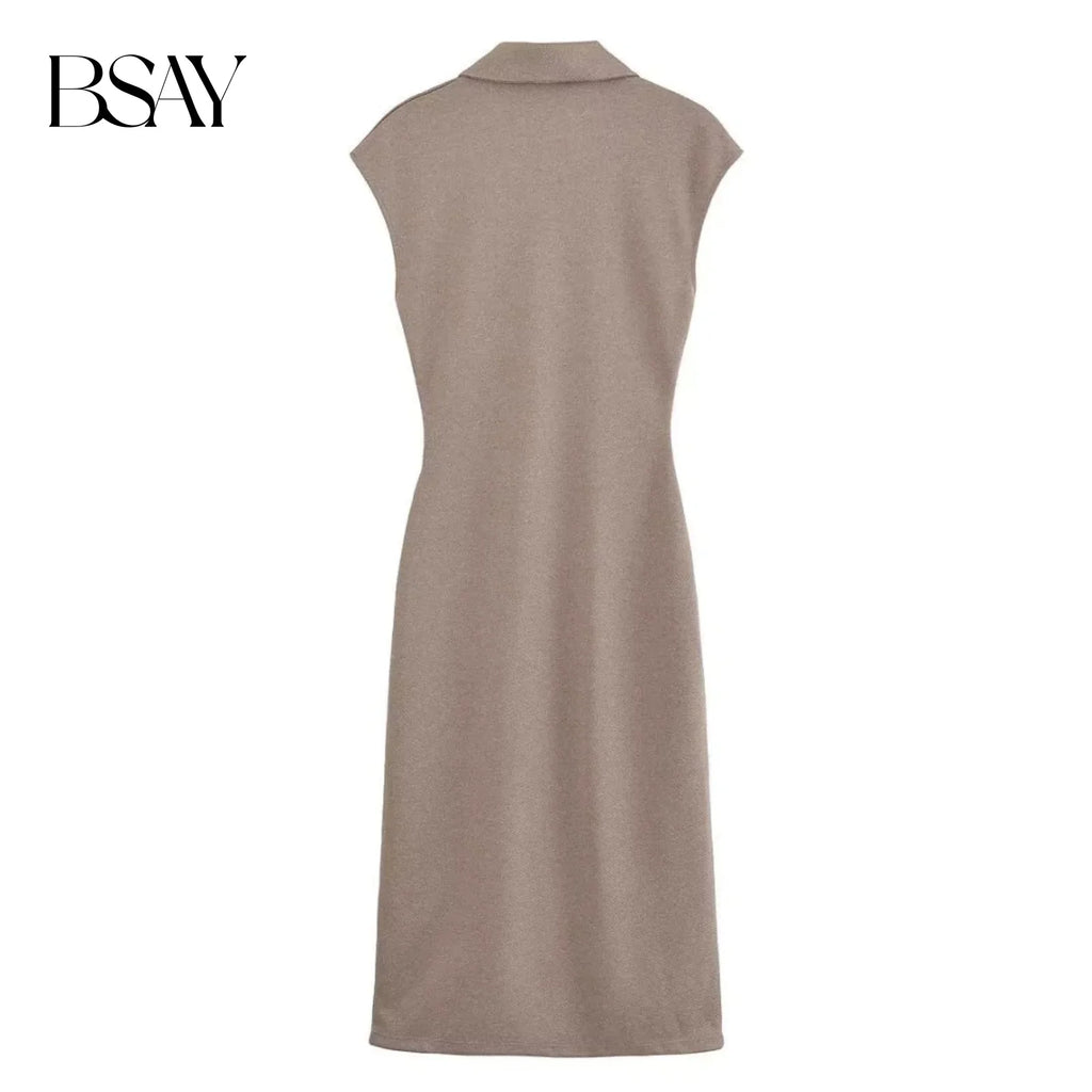 BSAY Dress for Women Fashion Summer New Fold Sleeveless V-neck Single Breasted Midi Dresses French Chic Female Evening Clothing