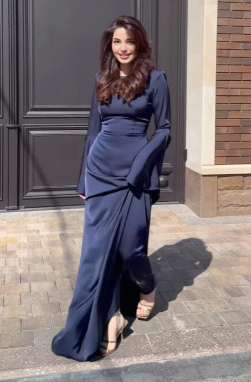 Women Cocktail Party Dress Big Swing Middle Eastern Long Floating Sleeves Slim Empire Lady Banquet Solid Maxi Clothing