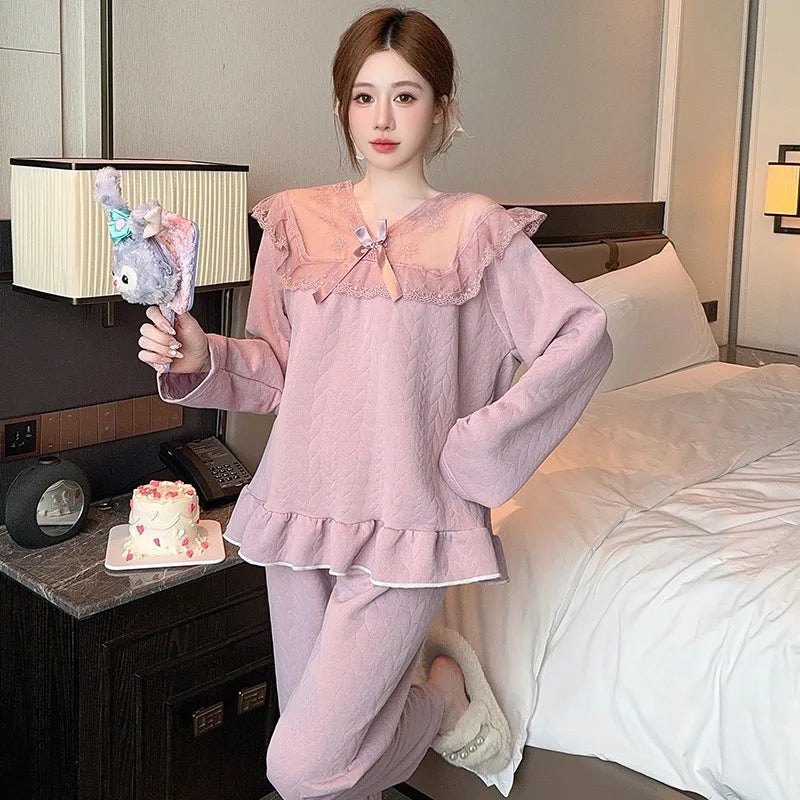 M-5XL Large Size Princess Sle Pajamas Set Women Autumn Long Sleeve Pants Home Clothes Lace Trim Solid Spwear Two Piece Set