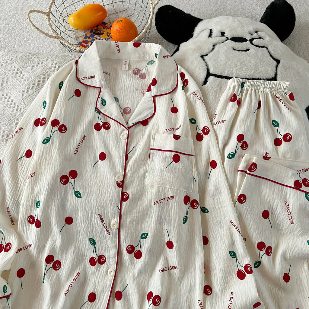 Cherry Print Women's Pajamas Set Fall Spring Plaid Print Loungewear Long Sleeve Cardigan Top and Pants Home Sleepwear