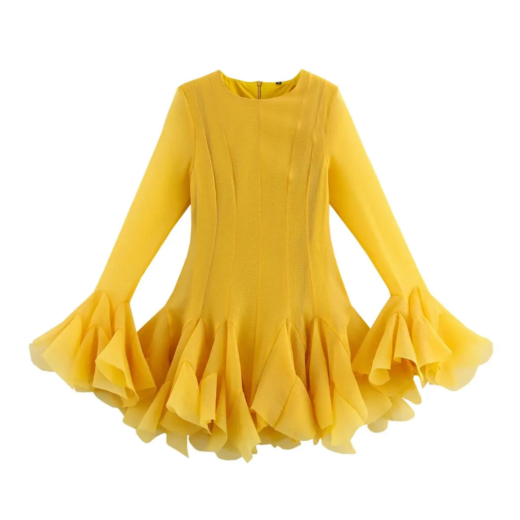 2026 Summer Women's Elegant Multi-Layered Ruffled Hem Mini Dresses Lady Sweet French Style Long Flare Sleeve Slim Fit Puffy Robe