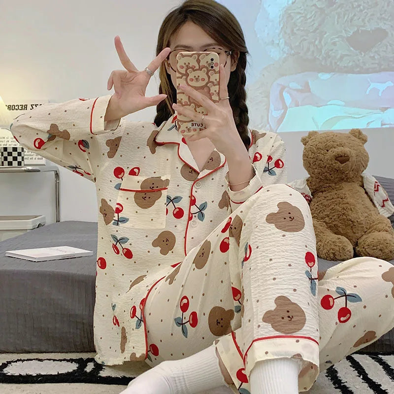 New Arrival: Korean-Style Spring/Fall Cherry Blossom Bubble-Cotton Pajamas for Women - Long-Sleeve Top & Long Pants Homewear