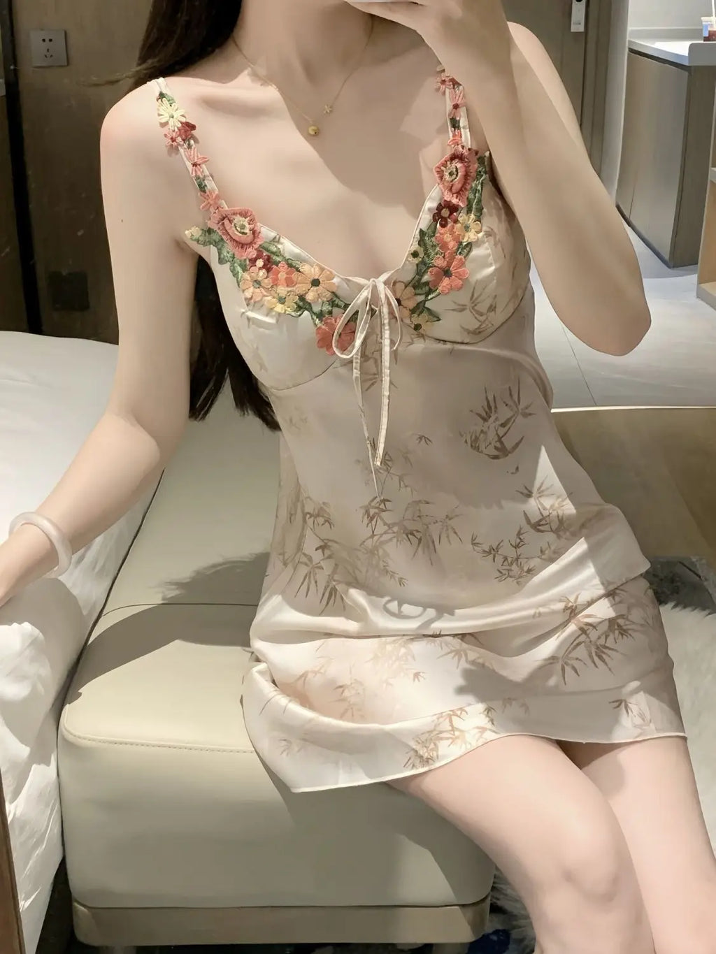 Women's Pajamas Comfortable Nightgown Strapless Nightgown Ice Silk Bra For Women Summer Chinese Floral Embroidery 2025 New