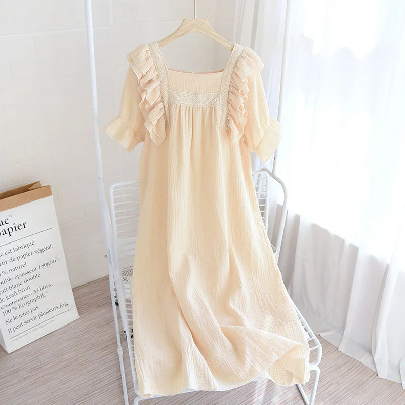 Summer New Ladies Nightdress 100% Cotton Crepe Lotus Leaf Sleeve Long Dress Palace Style Short Sleeve Nightdress Home Skirt