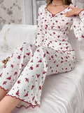 Autumn Winter Pajamas Set Women Round Neck Floral Printed Long Sleeve Tops and Trousers Sleepwear Home Wear Loungewear