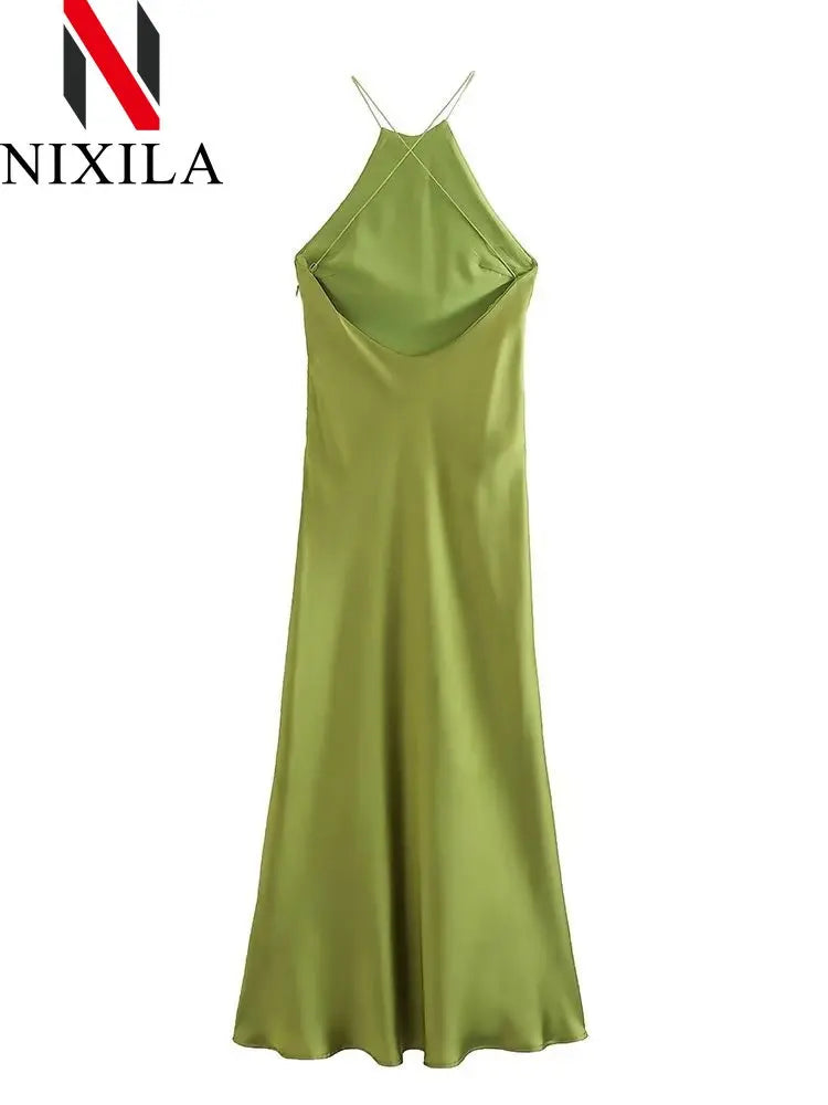 New Spring Summer Women's Maxi Dress Satin Feeling Sleeveless Dress European American Style Banquet Sexy Dress Evening Dresses