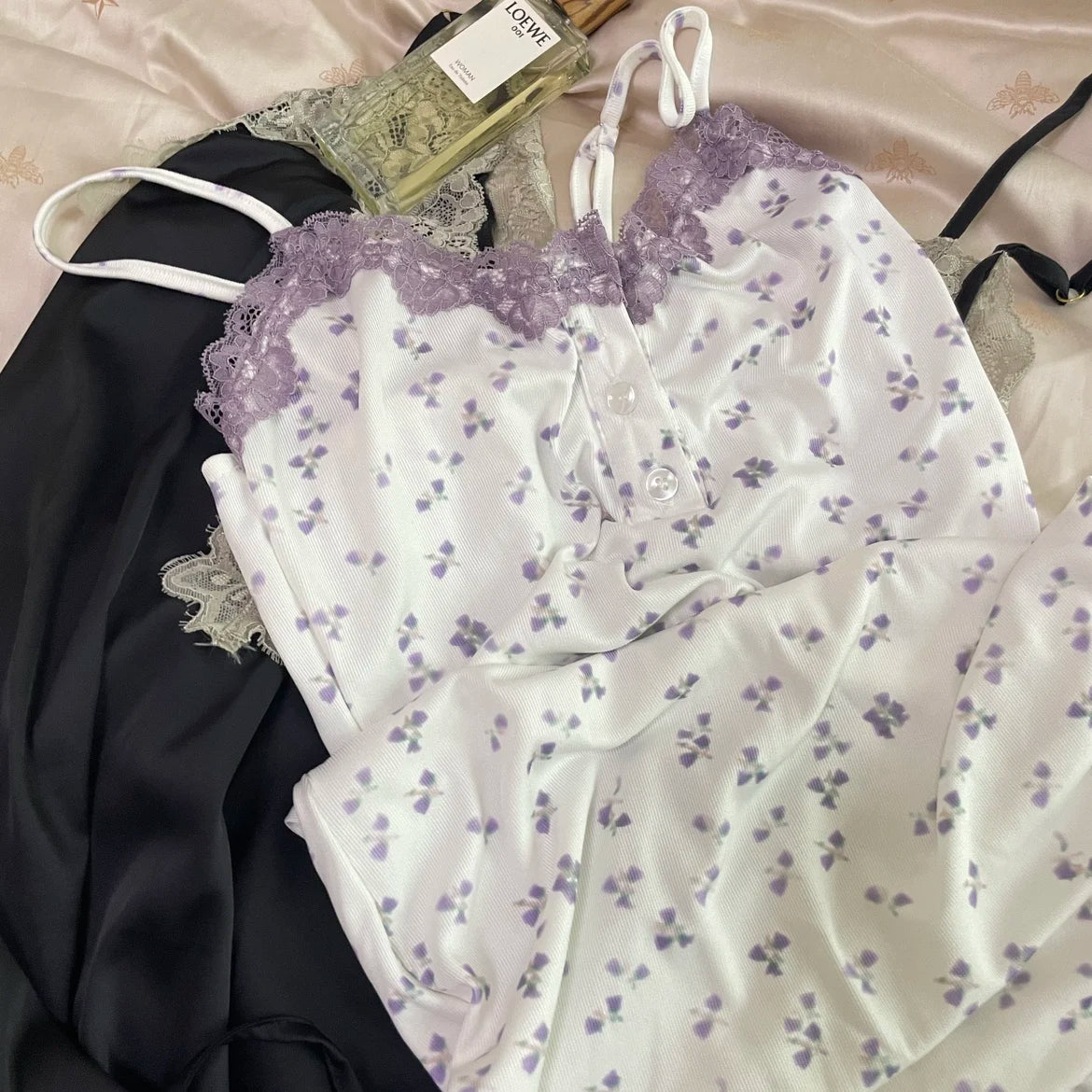 Sexy Floral Nightgowns Women Lace Patchwork Korean Romantic Sleepwear Spaghetti Strap Y2k Bodycon Comfortable Trendy Daily Ins
