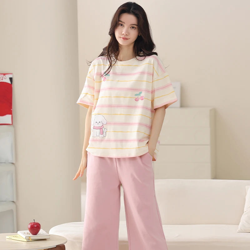 MiiOW 2Pcs Summer Women's Pajamas Set Cotton Short Sleeve Woman Homewear Cute Pink Patchwork Print Girls Pajamas Woman Sleepwear