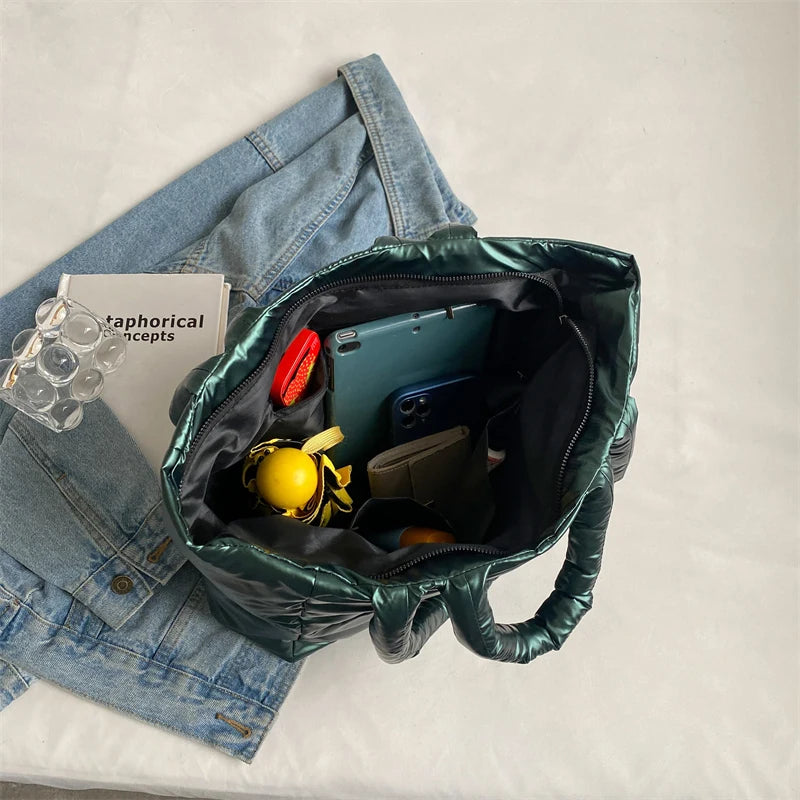 Designer Puffy Shoulder Bag Women Quilted Space Down Feather Padded Cotton Handbag Winter Large Capacity Warm Shopping Purse